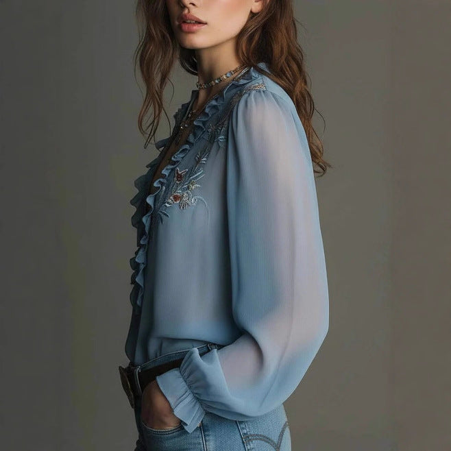 Chemise en mousseline brodée à volants et fermeture éclair pour femme