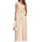 Ensemble deux pièces décontracté pour femme, mode automne, couleur unie, manches courtes, cool