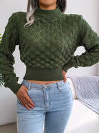 Pull court en maille diamant 3D à manches longues pour femme