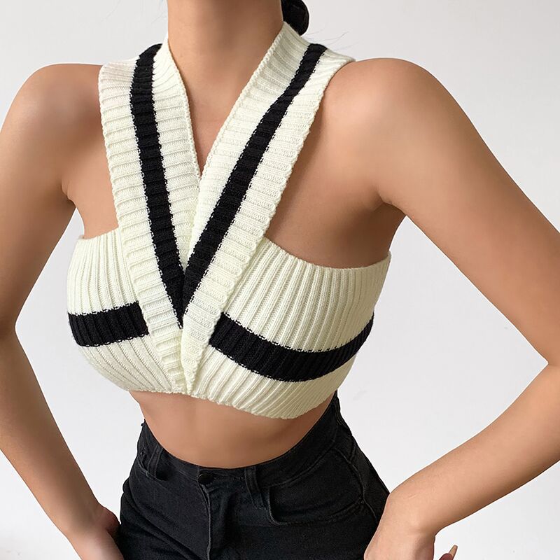 Haut court dos nu rayé en maille à col en V pour femme