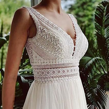 Robe de mariée en dentelle transparente, cintrée, en maille, pour la plage ou l'extérieur