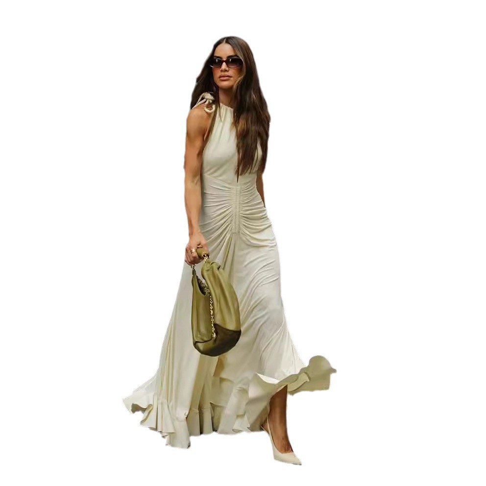 Robe trapèze plissée sans manches à col rond et lacets