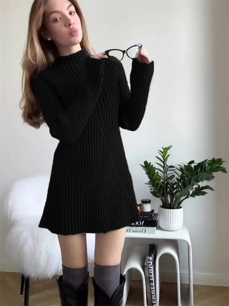 Robe Courte en Maille Ajustée à Manches Longues Couleur Unie pour Femme