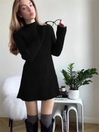 Robe Courte en Maille Ajustée à Manches Longues Couleur Unie pour Femme