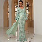 Robe de soirée longue à sequins, manches longues, col en V, avec ruban
