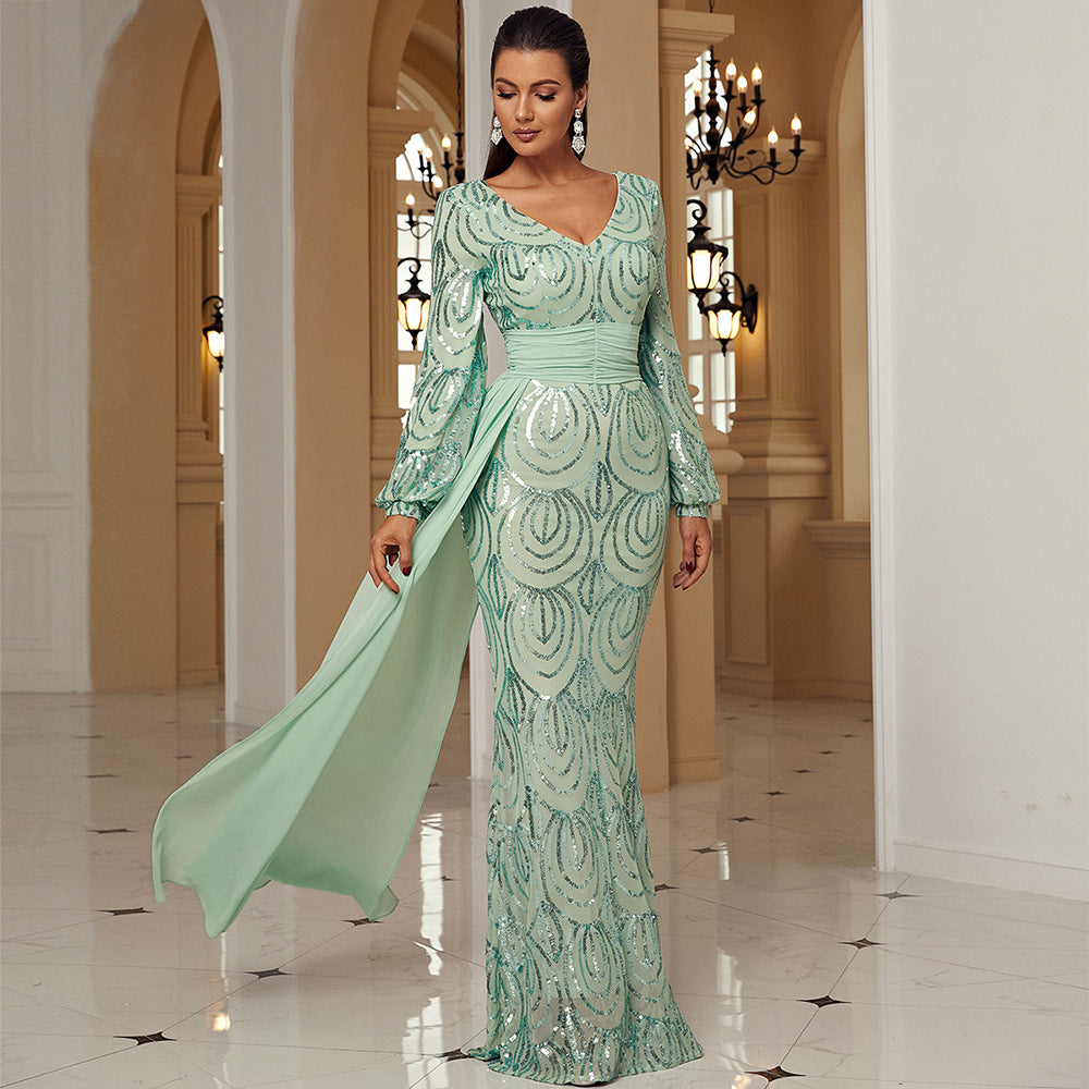 Robe de soirée longue à sequins, manches longues, col en V, avec ruban