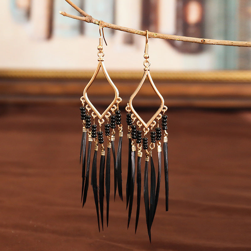 Ornement Perles Colorées Gland Plume Boucles d'Oreilles Femmes Style Bohème Boucles d'Oreilles Transfrontalières Bijoux Européens Et Américains