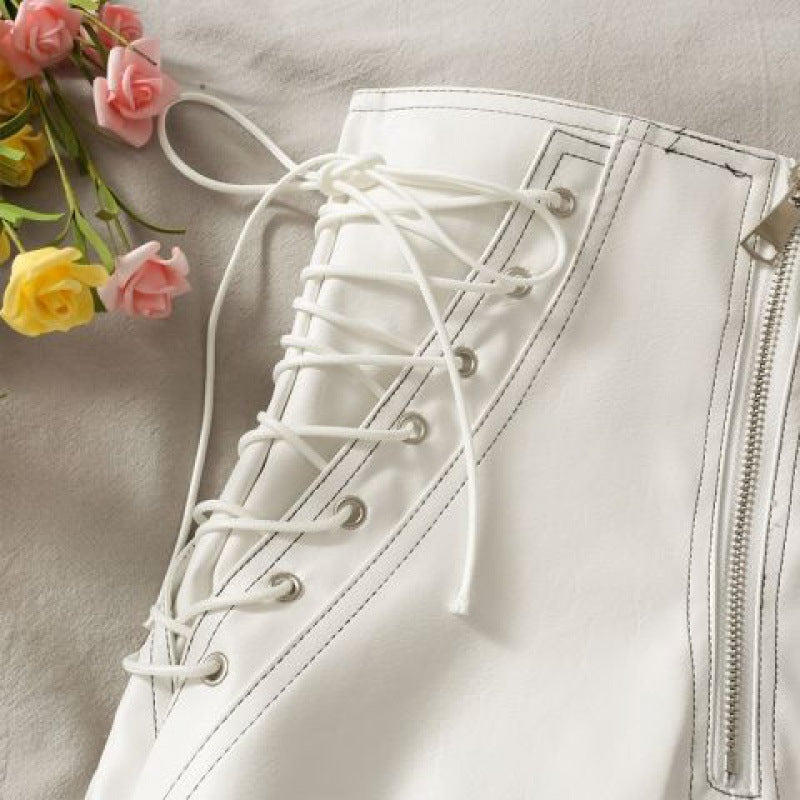 Short en cuir mince femme printemps et automne slim fermeture éclair