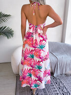 Robe longue de plage sans manches à imprimé floral et découpes pour femme