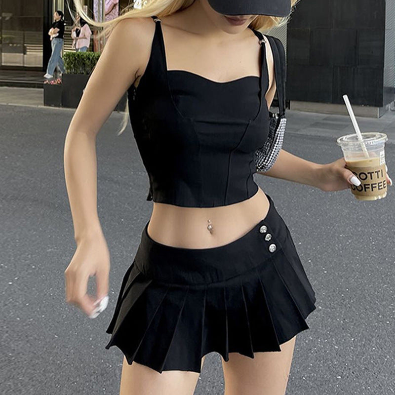 Ensemble deux pièces jupe plissée unie style fille branchée mode Y2k