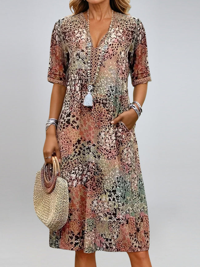 Robe d'été à col en V et manches courtes avec poches, imprimé ethnique tendance, vêtements de plage pour femmes Main Image