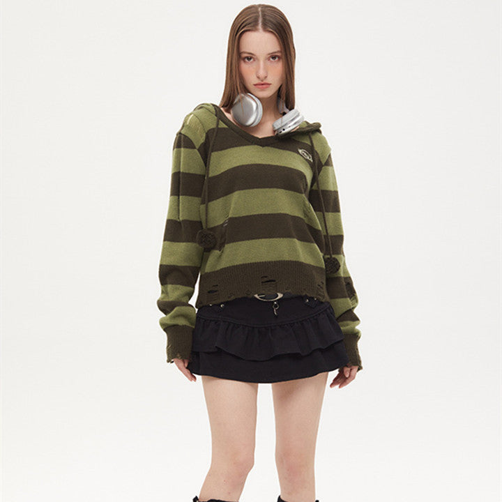 Pull à capuche d'automne femme fin à rayures contrastées