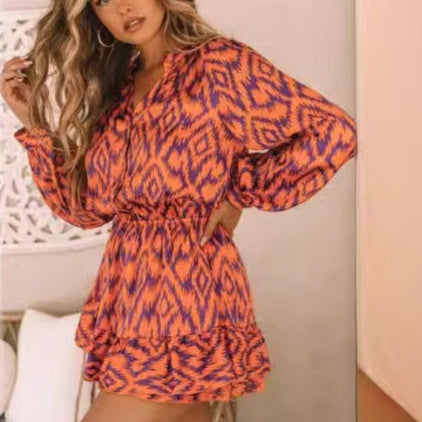 Robe à col montant imprimée à manches longues et taille élastique avec poches, pour l'export. Hover Image
