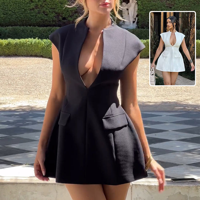 Sexy Deep V-neck A-line Dress Summer Fashion French Style Slimming Short Dresses Cardigan Temperament Dress Skirt Hot Girl Hover Image