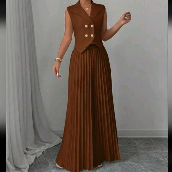 Ensemble de vêtements d'été sans manches pour femmes, avec veste à revers boutonnée et pantalon plissé droit.