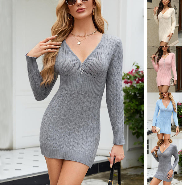 Robe en maille à manches longues, col en V, coupe ajustée avec fermeture éclair, style coréen, couleur unie, robe moulante pour femme