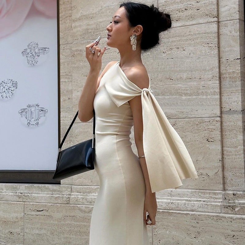 Robe longue à ruban asymétrique Ins, robe sans manches moulante pour soirée et club pour femmes