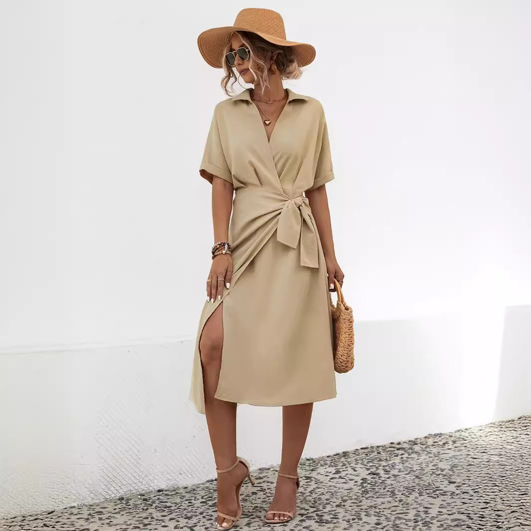 Robe courte à manches courtes pour femme, coupe ventre