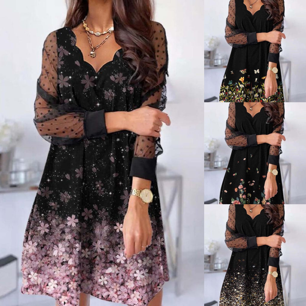 Robe décontractée à manches longues en dentelle avec col en V ondulé
