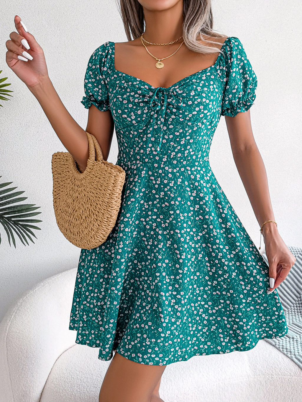 Robe décontractée femme à manches cloche, taille nouée avec cordon de serrage et imprimé floral fluide