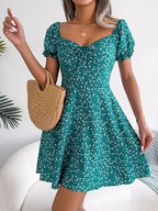 Robe décontractée femme à manches cloche, taille nouée avec cordon de serrage et imprimé floral fluide