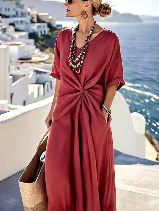 Robe Longue D'été Imprimée Rayures Décontractée Plage Vacances Manches Courtes Vêtements Femme