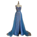 Robe queue de poisson bleue perlée faite main à épaules fendues