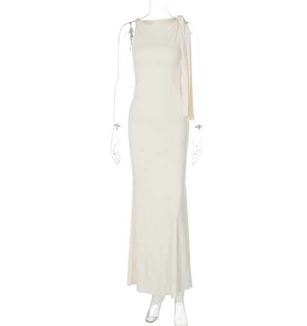 Robe longue à ruban asymétrique Ins, robe sans manches moulante pour soirée et club pour femmes
