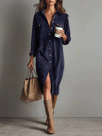 Robe Décontractée Chic à Col Rabattu et Boutons, Robe de Soirée Simple Unie pour Femmes Printemps Automne, Robe Longue à Manches pour Dames en Vacances