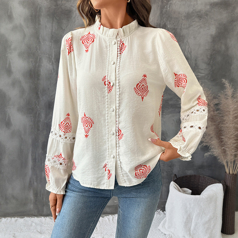 Chemise à Col Montant Imprimé Ethnique Pour Femme
