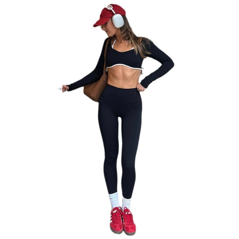 Ensemble deux pièces moulant tricoté de couleur unie avec lettres, haut court à manches longues et col rond, et leggings skinny taille haute