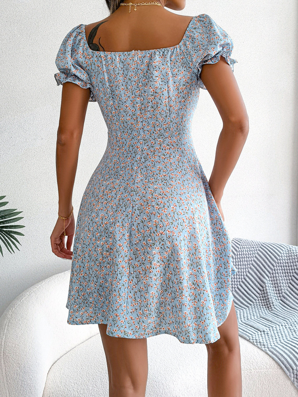 Robe décontractée femme à manches cloche, taille nouée avec cordon de serrage et imprimé floral fluide