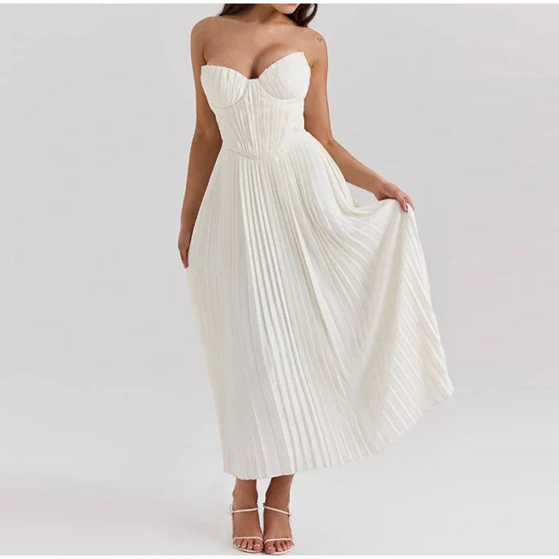 Robe plissée élégante sans manches à col en V
