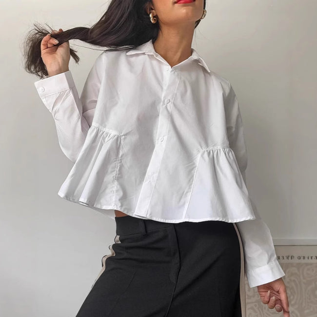 Chemise à revers blanche décontractée coupe française pour femme Hover Image