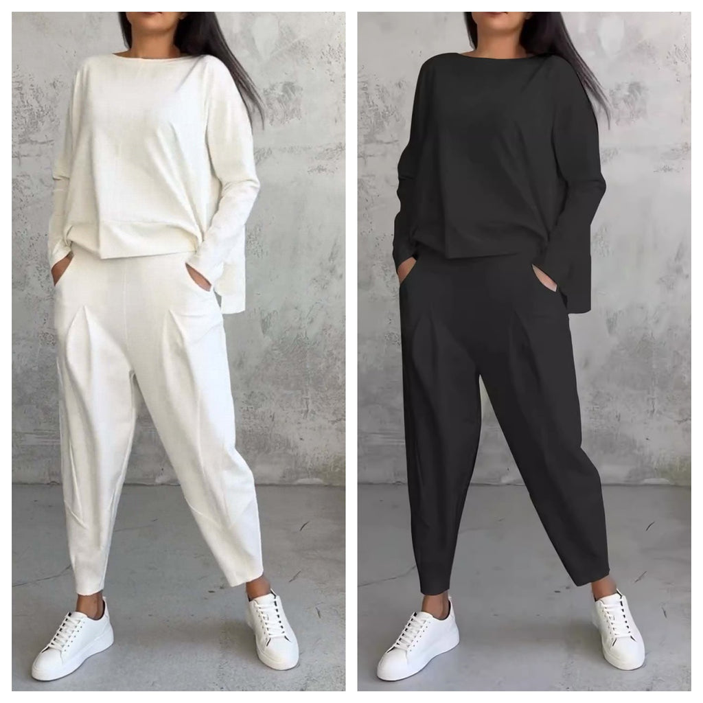 Ensemble tailleur irrégulier femme - Haut à manches longues et col rond et pantalon sarouel ample avec poches - Vêtements pour femmes style Ins