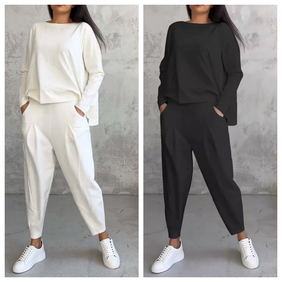 Ensemble tailleur irrégulier femme - Haut à manches longues et col rond et pantalon sarouel ample avec poches - Vêtements pour femmes style Ins