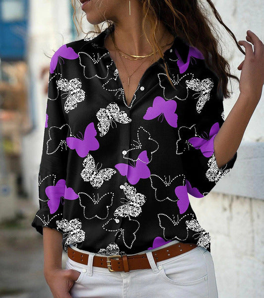 Chemise à manches longues pour femme avec imprimé papillon, collection automne Main Image