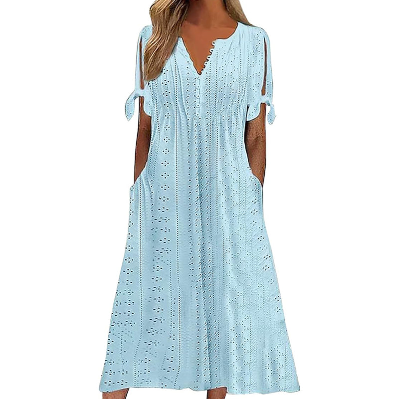 Robe longue d'été en broderie anglaise à col en V pour femme, manches courtes, coupe ample évasée pour la plage