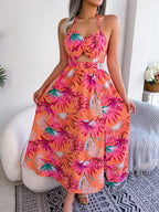Robe longue de plage sans manches à imprimé floral et découpes pour femme