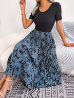 Femmes Robe midi plissée taille haute imprimé feuilles décontractée