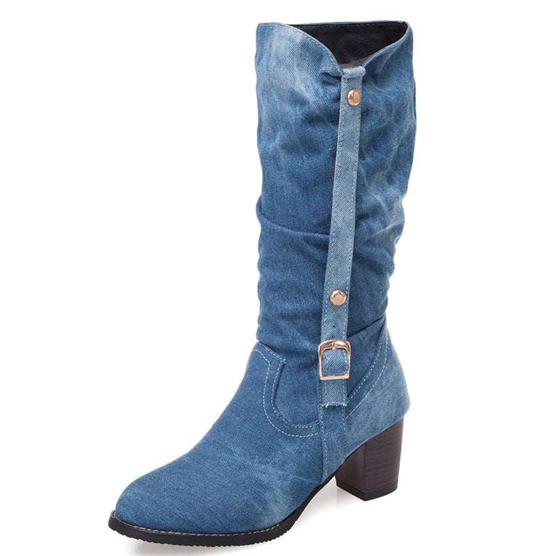 Bottes hautes à talons hauts en jean pour femmes