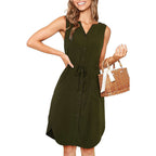 Robe Sans Manches Col V Boutonnée Avec Poches Robe D'été Décontractée À La Mode Avec Nœud À La Taille Vêtements Pour Femmes