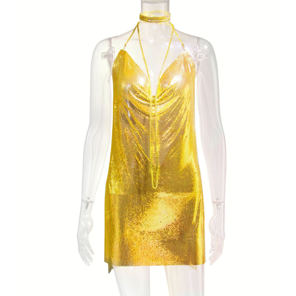 Robe Métallisée à Paillettes et Strass Femme