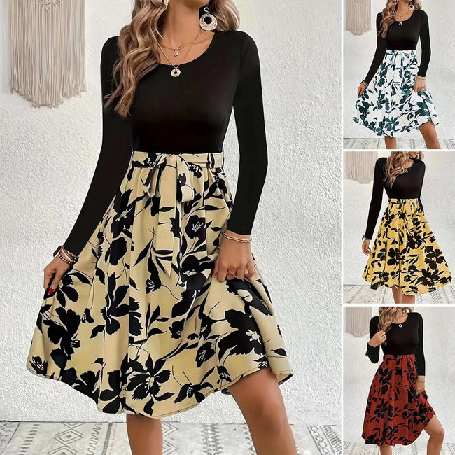 Robe à manches longues à imprimé floral, col rond, taille cintrée, vêtements pour femmes Hover Image