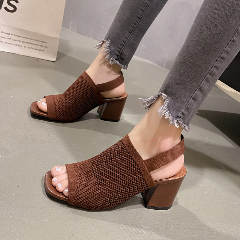 Sandales volantes tissées à talons hauts et épais pour femmes, de style européen et américain