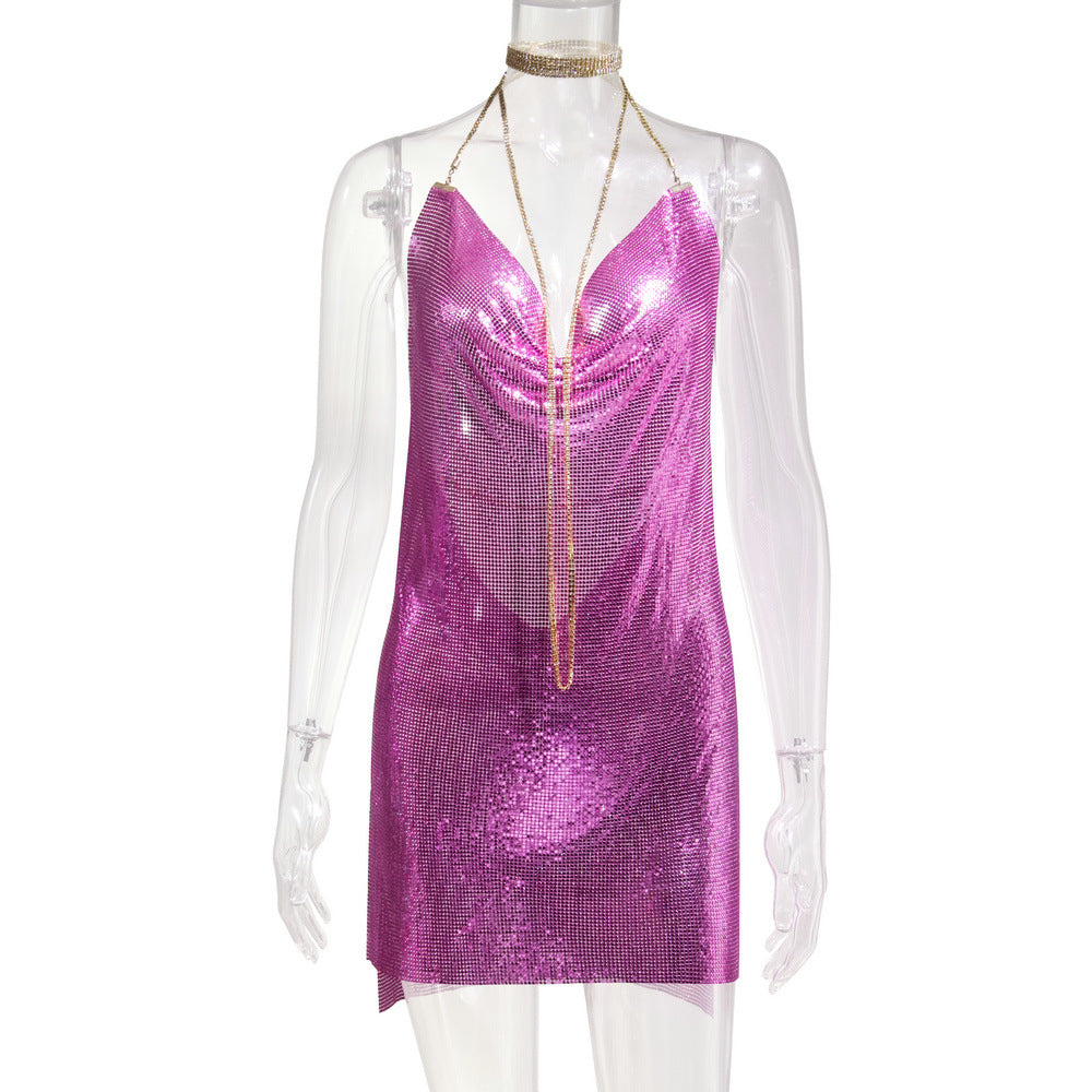 Robe Métallisée à Paillettes et Strass Femme