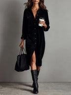 Robe Décontractée Chic à Col Rabattu et Boutons, Robe de Soirée Simple Unie pour Femmes Printemps Automne, Robe Longue à Manches pour Dames en Vacances