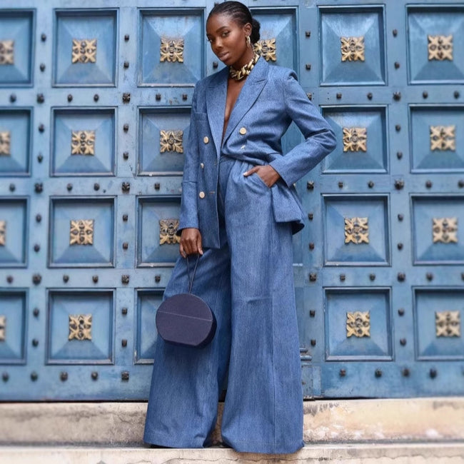 Ensemble Pantalon et Veste Tendance Femme Boutons Métalliques Couleur Unie Main Image
