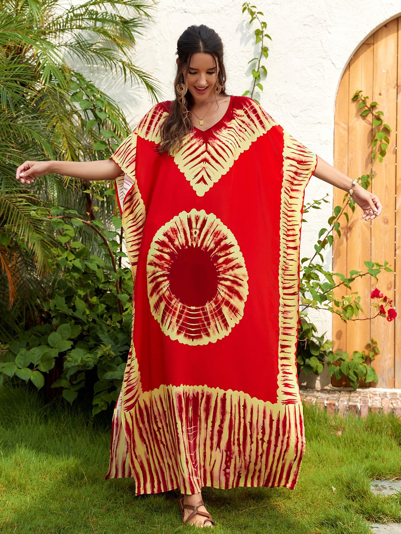Robe longue en rayonne imprimée à col en V pour les vacances