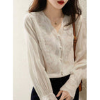 Chemise femme en coton et lin à col en V, style rétro, à porter seule ou en superposition